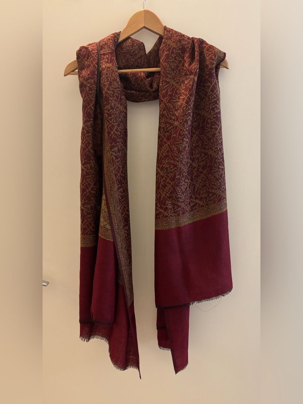Vintage Burgundy Taupe Reversible Botanical Pashmina Shawl Wrap